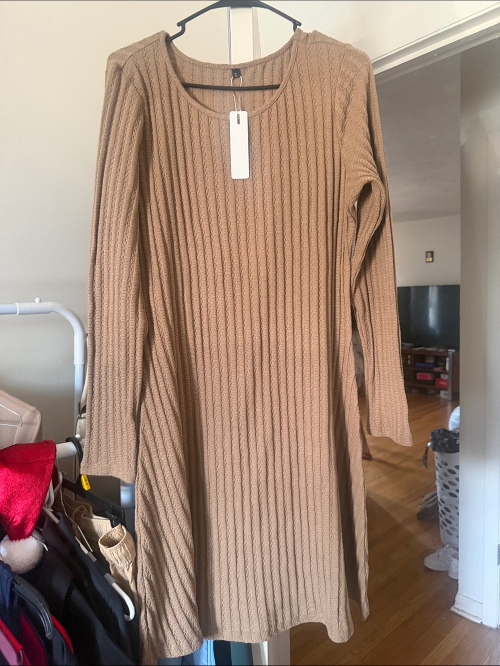 Ribbed Long-Sleeve Knit Dress in Camel
